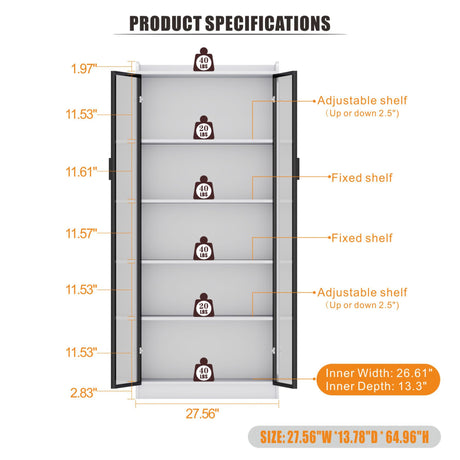 Storage Cabinet with Doors Adjustable Shelves - 65" White Tall Kitchen Pantry Organizer with Metal Handle/LED Lights/Human Sensor - 5 Tier Display Bookcase for Bedroom Living Room Office Dystler