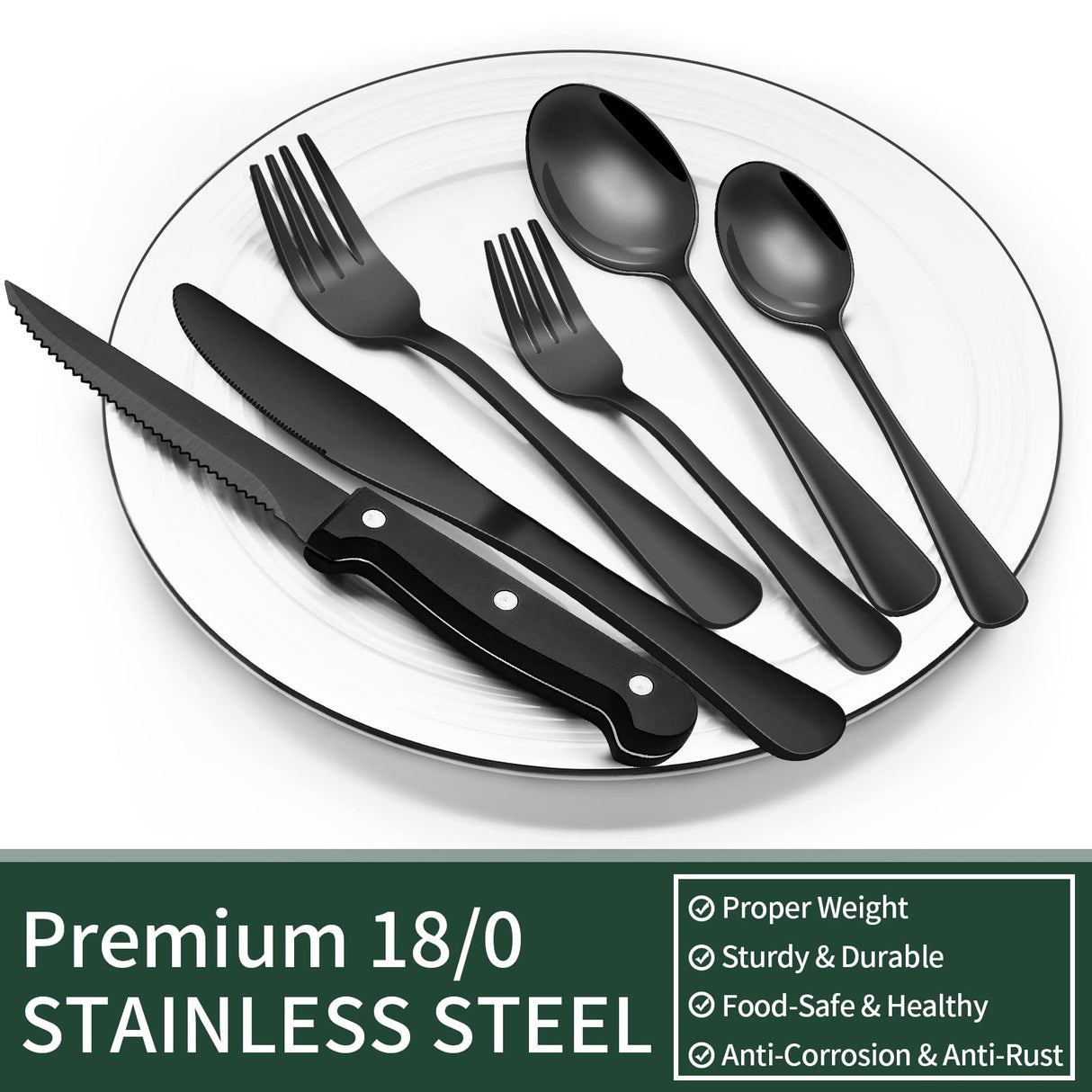 24-Piece Black Silverware Set with Steak Knives, Black Flatware Set for 4, Food-Grade Stainless Steel Tableware Cutlery Set, Mirror Finished Utensil Sets for Home Restaurant EWFEN