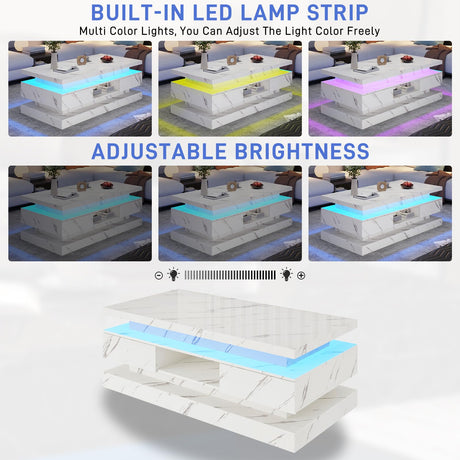 47.2 inch Modern High Glossy LED Coffee Table with 2 Sliding Drawers, Double-Layer Center Tables with LED Lights for Livings Room Furniture, White chartustriable