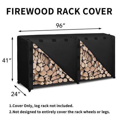 Easy-Going 8 Feet Outdoor Log Rack Cover 600D Heavy Duty Waterproof Weatherproof Firewood Cover with Openable Front Flap（96"x24"x41", Black - WoodArtSupply