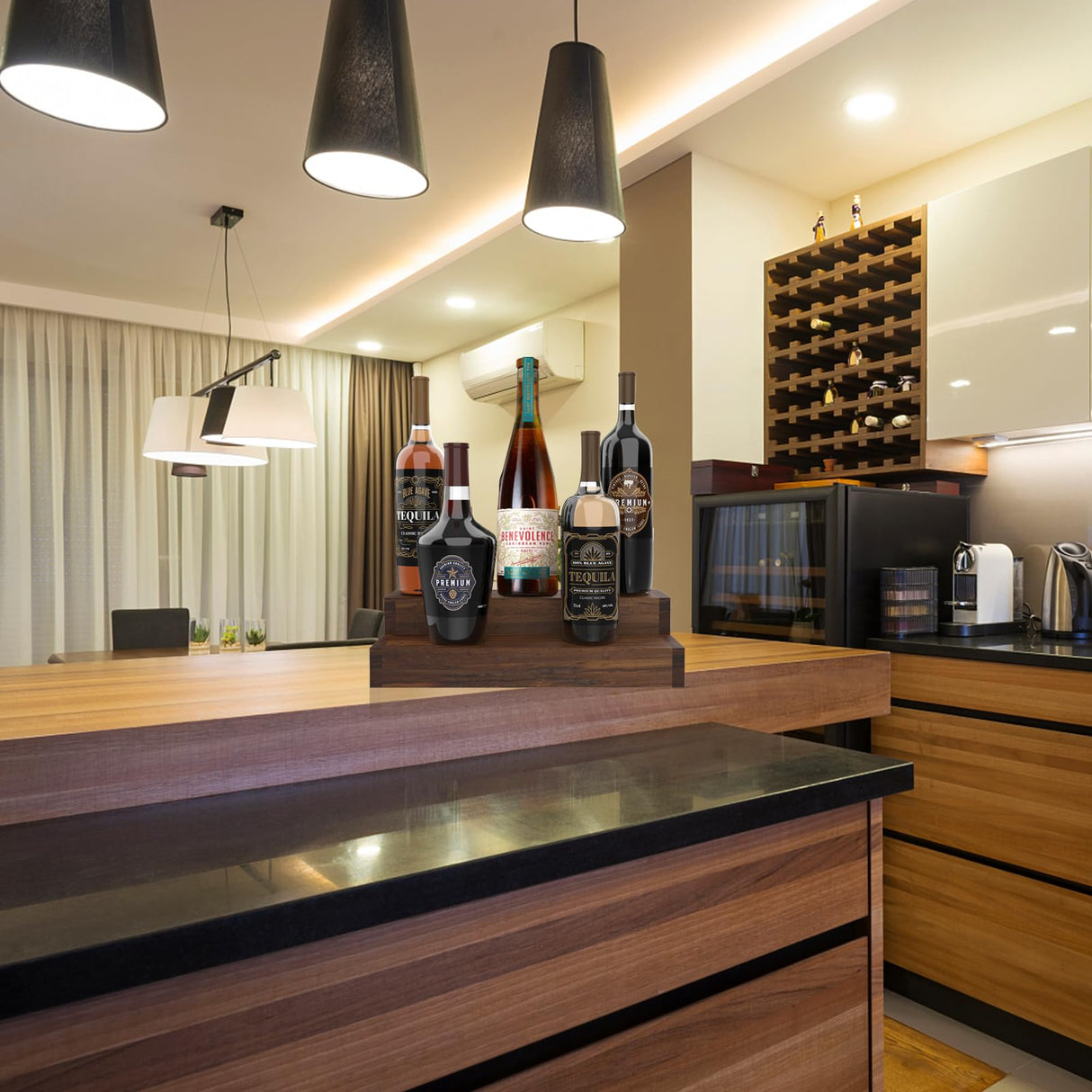 Liquor Bottle Stand - 2 Tier Liquor Bar Bottle Display Shelf, Holds 8 Bottles, Real Wood, Easy to Clean, No Installation Required - 15.8 Inch (Dark Walnut, 2 Tier) Tongmo