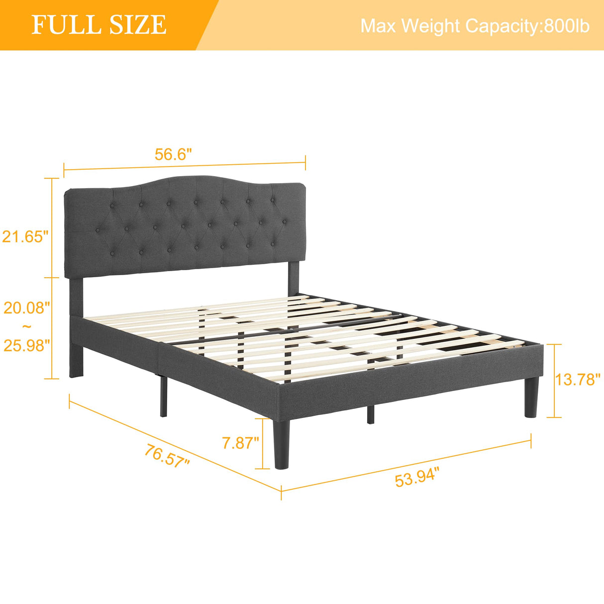 VECELO Full Size Bed Frame Upholstered Platform with Tufted Adjustable Headboard/Mattress Foundation Wood Slat Support/Easy Assembly,Grey VECELO