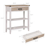 RUSTOWN Farmhouse Console Table with Drawer, 3-Tier Rustic Entryway Table with Open Storage Shelves and Handmade Metal Handle, Narrow Foyer Sofa Table for Living Room, Entryway, Hallway (Washed White) RUSTOWN
