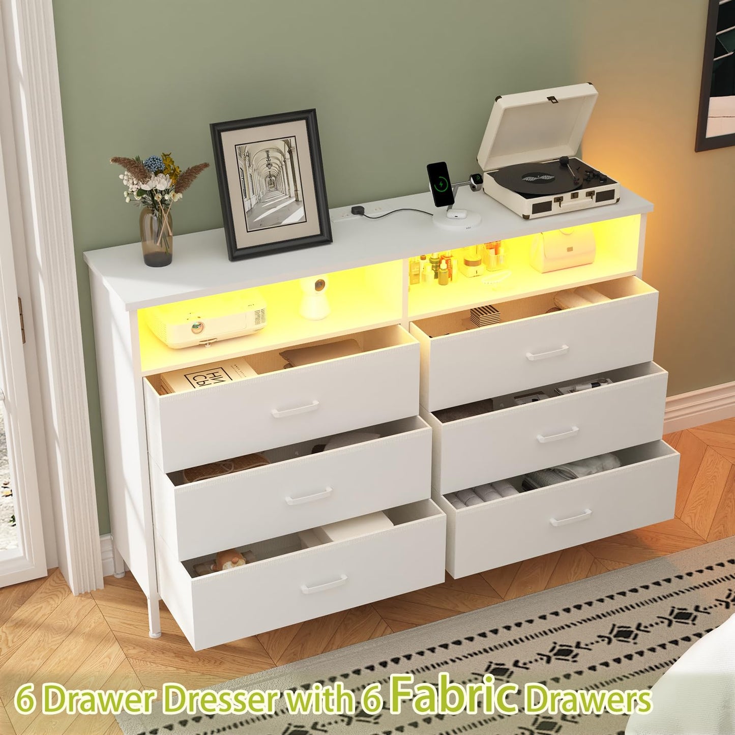 Dresser for bedroom, Fabric White Bedroom Dresser with LED Lights and Charging Station, 6 Long Drawers Dresser, Tall Wide Chest of Drawers Storage Organizer TV Stand for up to 60" TV for Living Room