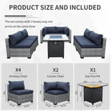 Valita 7 Piece Outdoor PE Wicker Furniture Set, Patio Gray Rattan Sectional Sofa Couch Adjustable Gas Fire Pit Dark Blue Cushions Valita