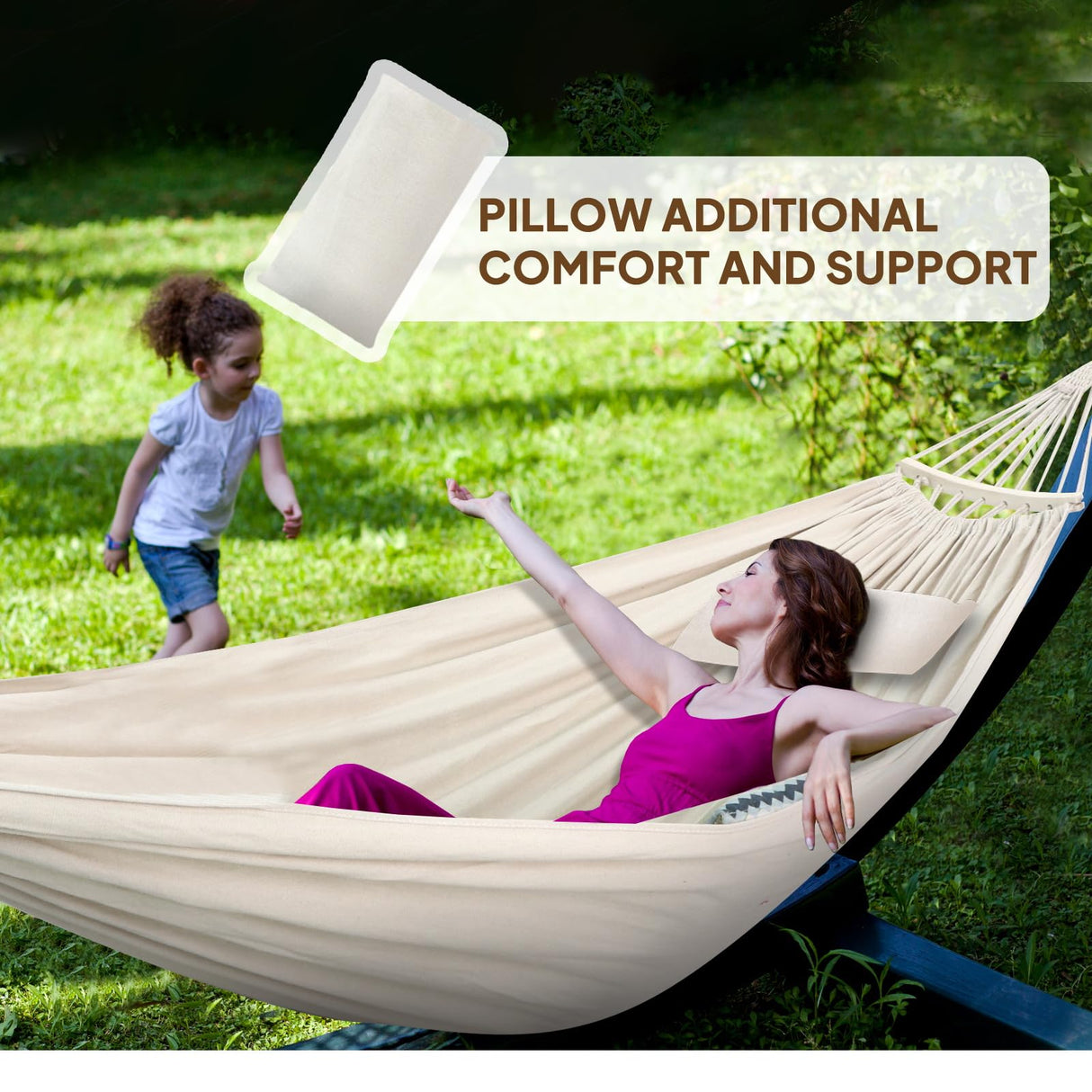 Chihee Cotton Hammock Large Soft Breathable Camping Hammock Holds Up to 660lbs Portable Tree Hammocks with Detachable Spreader Bar Pillow 2 Strong Webbings 2 Carabiners Patio Garden Indoor Outdoor Chihee