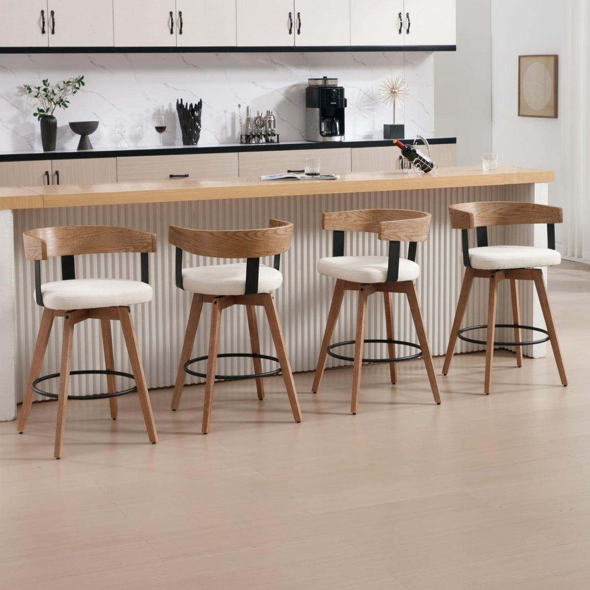 DUOMAY Swivel Bar Stools Set of 2-26" Counter Height Bar Stool with Footrest - Modern Wood Barstools with Linen Upholstered Seat - 360-Degree Swivel Stool for Kitchen Island Home Bar - White DUOMAY