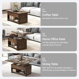 Manora 40'' Farmhouse Multi-Functional Lift-Top Coffee Table with Hidden Storage & Open Shelf, 4-in-1 Convertible Center Table for Living Room, Small Spaces, Dining or Home Office Workstation (Brown) Manora