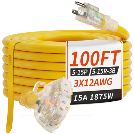 PlugSaf 100 FT 12/3 Gauge Outdoor Extension Cord with Multiple Outlets Light Indicator, Flexible 3 Outlet Weatherproof Heavy Duty Extension Cord Waterproof Yellow, 15A 1875W 12AWG SJTW, ETL Listed PlugSaf