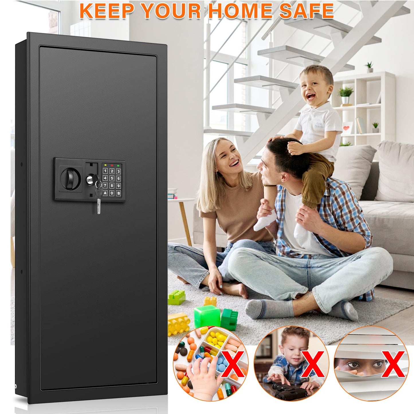 33.46" Tall Fireproof Wall Safes Between the Studs 16" Centers, Heavy Duty Combination Lock in Wall Safe with 3 Removable Shelf, Hidden Safe for Money, Jewelry, Document, Passport