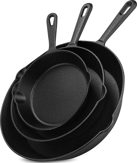 Utopia Kitchen Saute Fry Pan - Pre-Seasoned Cast Iron Skillets Set 3-Piece Frying Pan comprised of 6", 8", and 10" Cast Iron Pan - Easy Use in the Oven, Stove, Grill, or Campfire - Black Utopia Kitchen