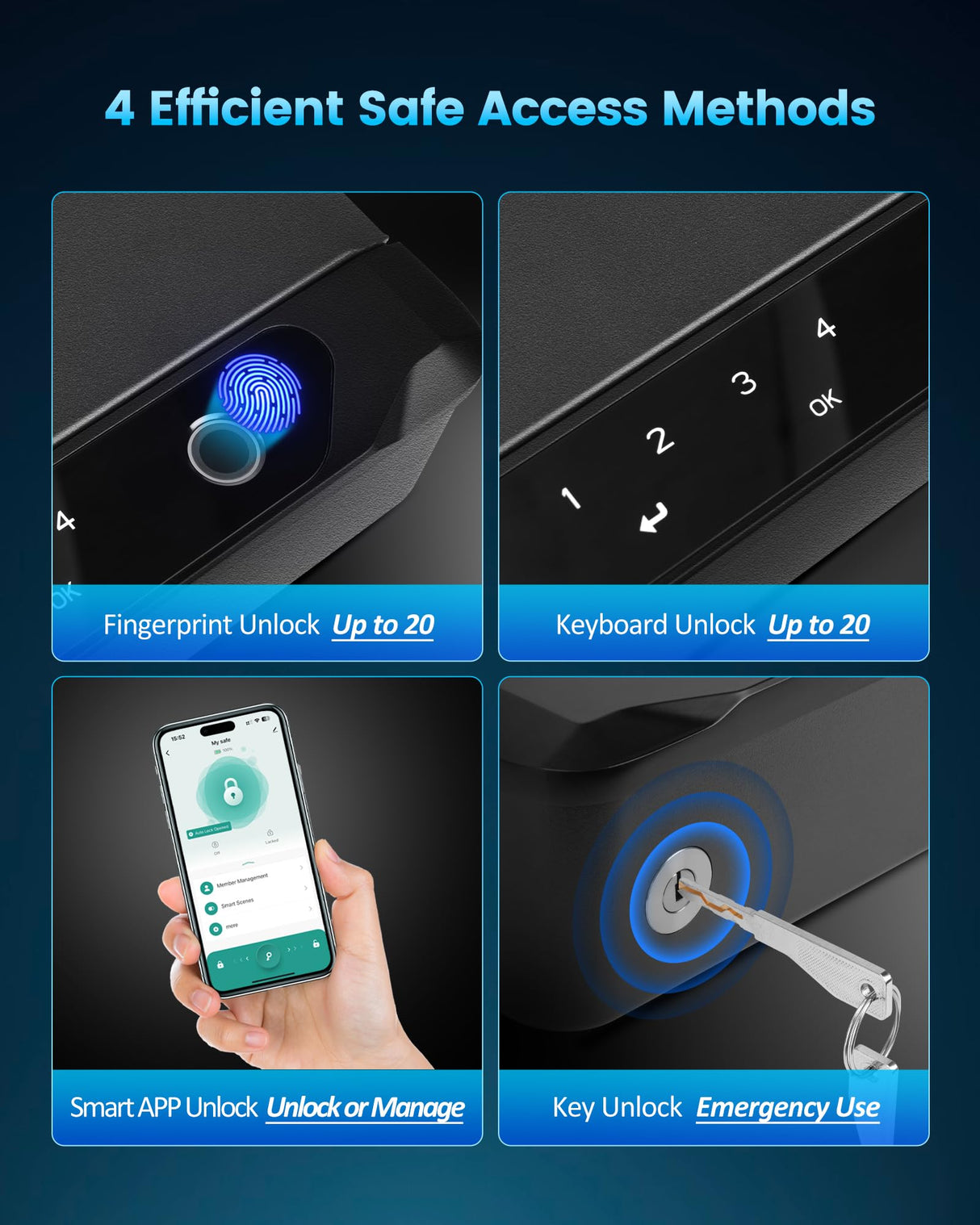 Adoreal Smart Biometric Gun Safe for Handguns, 4 Ways Quick-Access Fingerprint Gun Safe for Pistols, Fingerprint/Digital Keypad/Key/APP Gun Locks Box for 2 Guns, Sturdy Heavy Steel Construction Adoreal