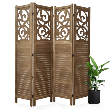 Room Divider Wood Carved Wall Divider Indoor Folding Portable Partition Screen for Home Office Garden Terrace - 4 Panel, 67 * 60inch (Dark Brown) Svimi