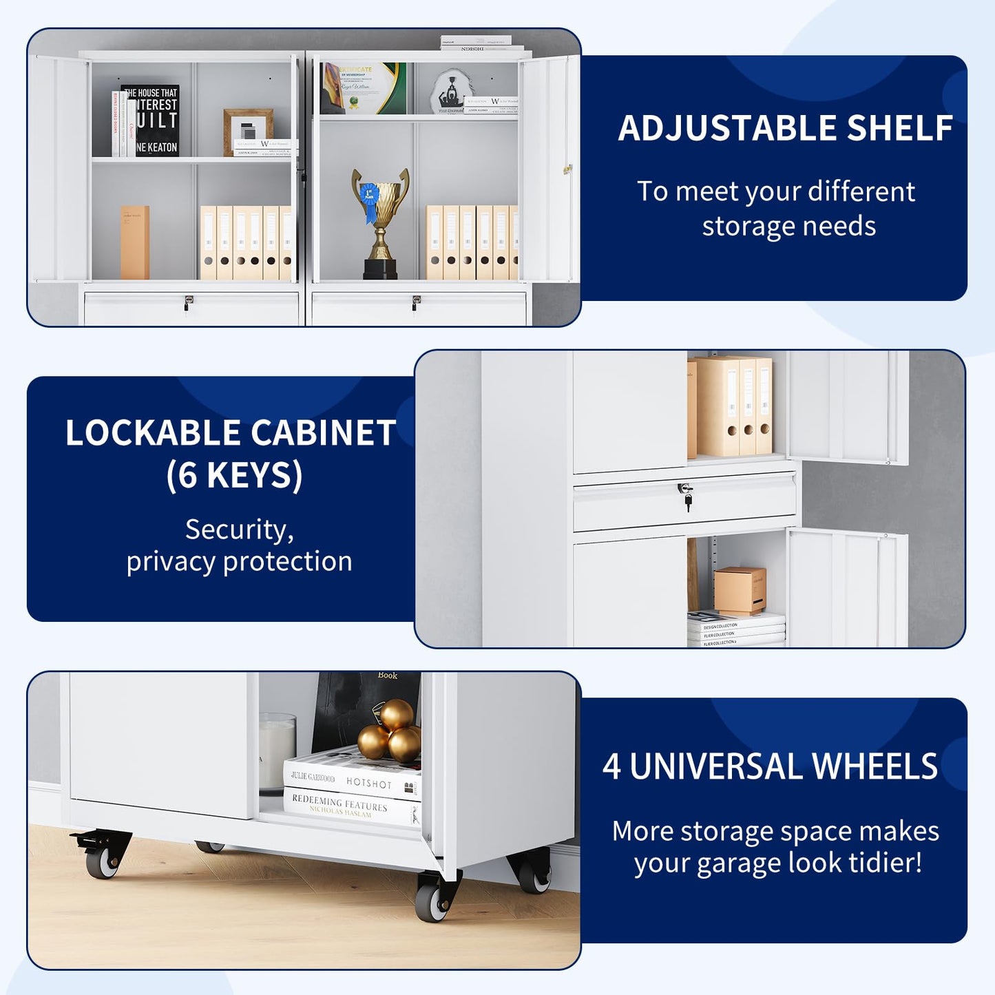 Yizosh Metal Garage Storage Cabinet with Locking Doors and Adjustable Shelves, Rolling Tool Storage Cabinet with 4 Wheels and 1 Drawer - 73" Steel Locking Cabinet for Garage, Warehouse