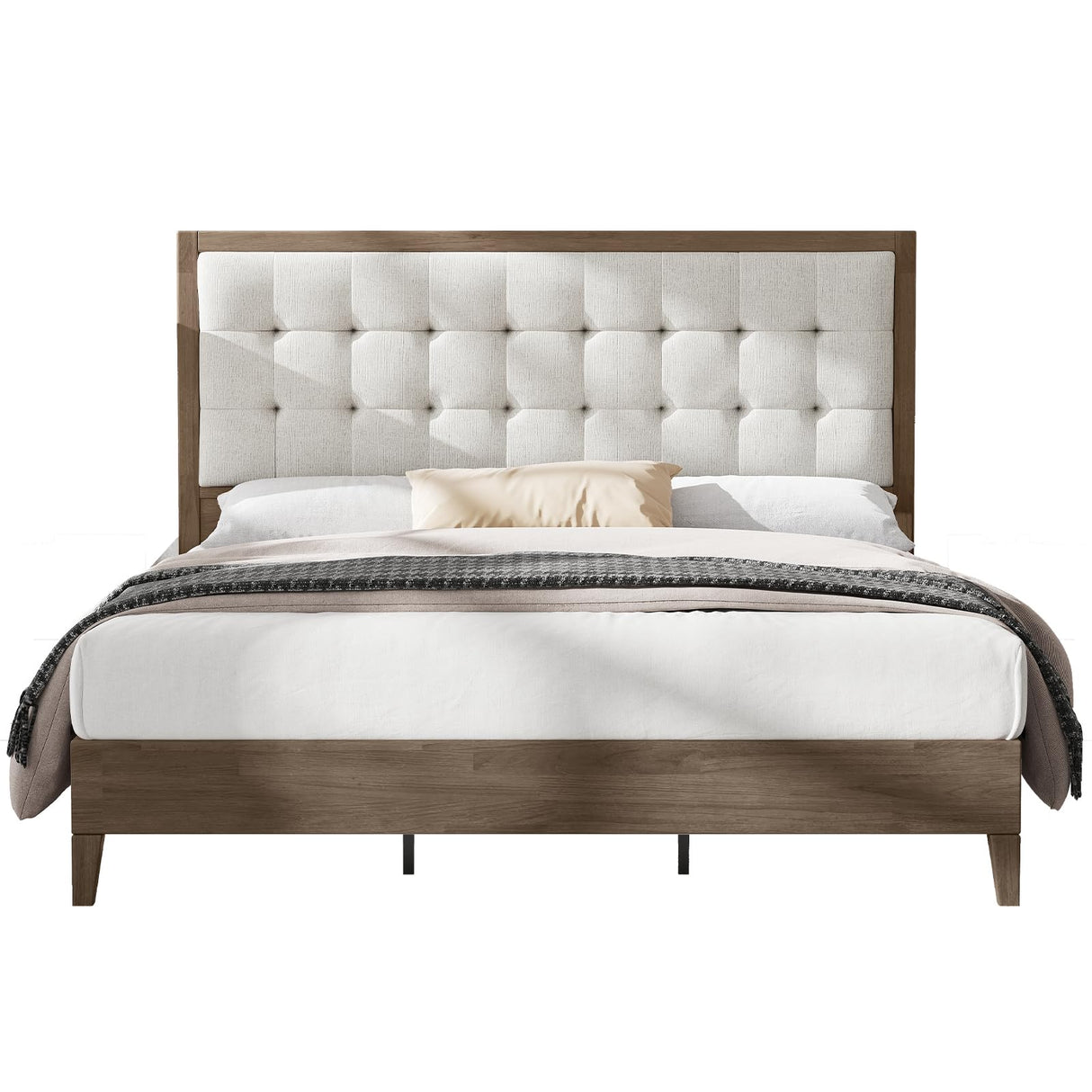 AMERLIFE King Size Solid Wood Bed Frame with Tall Tufted Headboard, Mid-Century Style, No Box Spring Required, Easy Assembly, Ash Gray AMERLIFE
