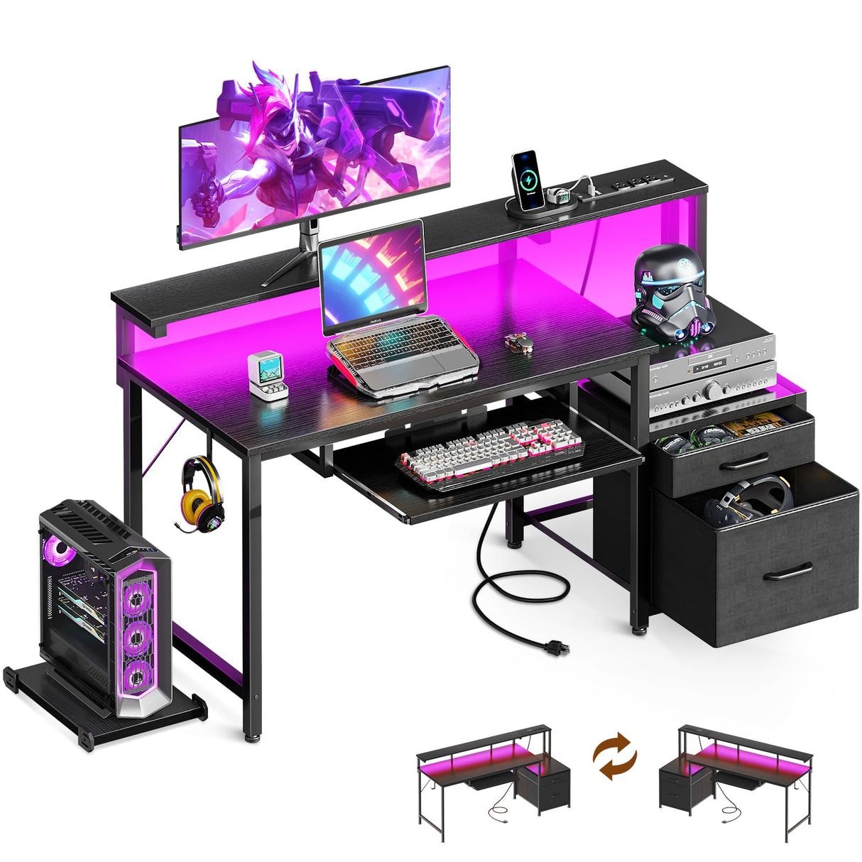 AODK 48-Inch Gaming Desk with Power Outlets & LED Light, Reversible PC Desk with Fabric Drawer and File Cabinet, Computer Desk with Keyboard Tray, Table with Full Monitor Riser and PC Stand, Black AODK