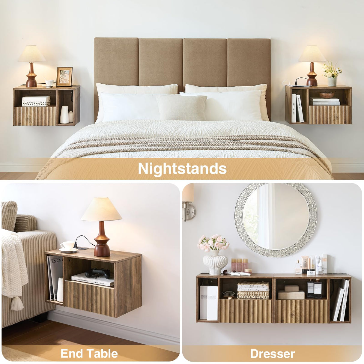 BuildHom Floating Nightstand with Charging Station - Modern Rustic Brown Fluted Bedside Table with Drawer, USB Ports & Outlets (Set of 2) BuildHom