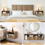 BuildHom Floating Nightstand with Charging Station - Modern Rustic Brown Fluted Bedside Table with Drawer, USB Ports & Outlets (Set of 2) BuildHom