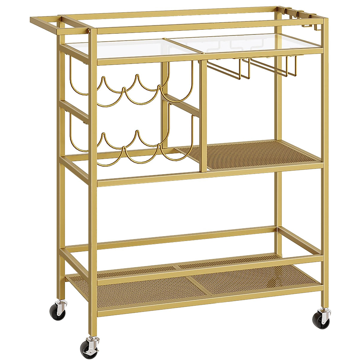 MAHANCRIS Bar Cart for Home, 3-Tier Serving Cart with Wheels and Handle, Beverage Cart with Wine Rack and Glass Holders, Rolling Wine Cart for Kitchen, Dining Room, Gold RCJ61B01 MAHANCRIS