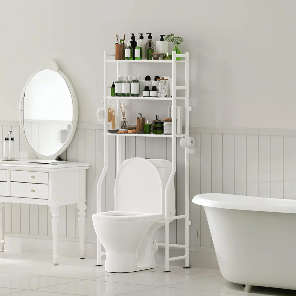 AriseWork 3-Tier Over The Toilet Storage with Paper Holder, Metal Bathroom Organizers and Storage for Small Space, Freestanding Bathroom Shelves with 4 Hooks, Above The Toilet Storage Shelf, White AriseWork