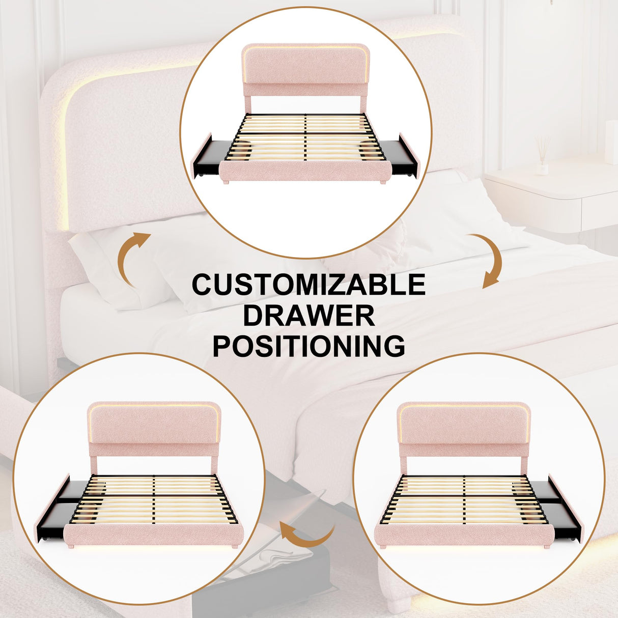 King LED Bed Frame with 2 Drawers, Teddy Fleece Rounded Corner Storage Platform Bedframe with Upholstered Headboard, No Box Spring Needed, Noise Free, Easy Assembly, Pink SIBEDS
