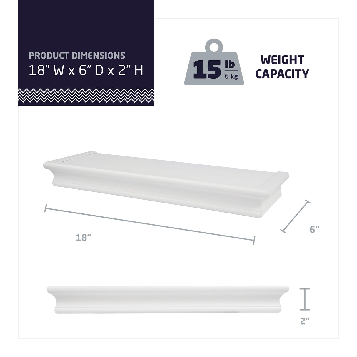 HIGH & MIGHTY Decorative 18" Floating Shelf Holds up to 15 lbs, Easy Tool-Free Dry Wall Installation, Beveled, White | 515654 HIGH & MIGHTY