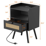 SUPERJARE Nightstands with Charging Station, Bedside Table Set of 2 with PE Rattan Drawers, Rattan Side Table with Storage & Solid Wood Feet, End Table for Bedroom, Black SUPERJARE
