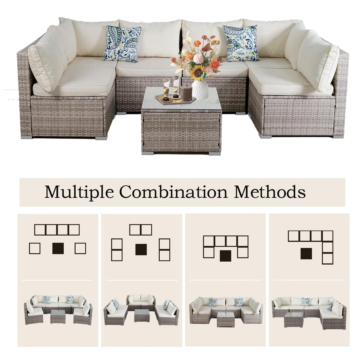 7 Piece Outdoor Patio Sectional Sofa Set, All-Weather Wicker Patio Furniture Set, with able Cushions & Tempered Glass Table for Backyard, Poolside, Garden Patio Conversation Sets Generic