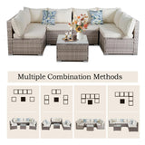 7 Piece Outdoor Patio Sectional Sofa Set, All-Weather Wicker Patio Furniture Set, with able Cushions & Tempered Glass Table for Backyard, Poolside, Garden Patio Conversation Sets Generic