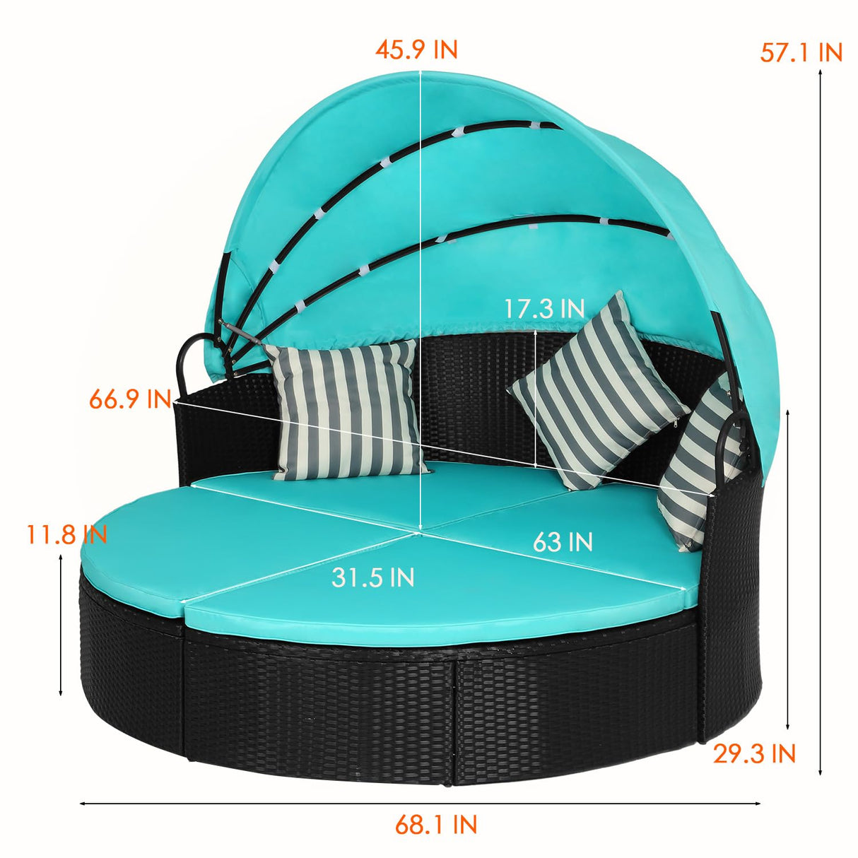 PayLessHere Outdoor Round Daybed Wicker Patio Furniture Outdoor Furniture with Retractable Canopy Rattan Separated Seating Sectional Sofa Washable Cushioned and Three Pillow for Patio Backyard (Blue) PayLessHere