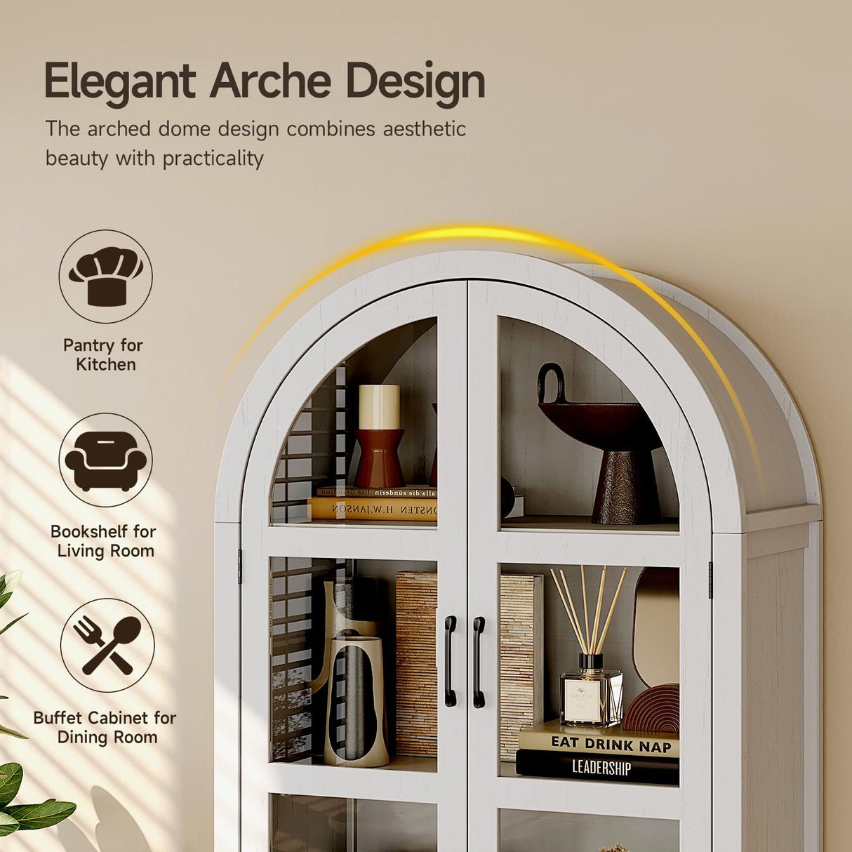 ONBRILL 71" Tall Arched Cabinet, 5-Tier Arched Kitchen Pantry with Glass Doors & Shelves, Modern Display Arch Cabinet with Adjustable Feet, Wooden Pantry for Living Room, Dining Room, Off White ONBRILL