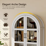 ONBRILL 71" Tall Arched Cabinet, 5-Tier Arched Kitchen Pantry with Glass Doors & Shelves, Modern Display Arch Cabinet with Adjustable Feet, Wooden Pantry for Living Room, Dining Room, Off White ONBRILL