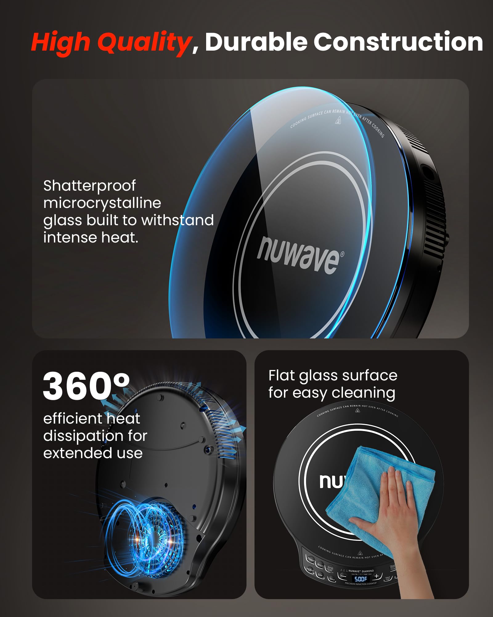 Nuwave Portable Induction Cooktop Diamond with Probe, Advanced Countertop Burner, 91 Temps from 100°F to 500°F, 12”Shatter-Proof Ceramic Glass & 6.5”Heating Coil, Ideal for RV Camp,Small Apt,Travel - Thumbnail 2