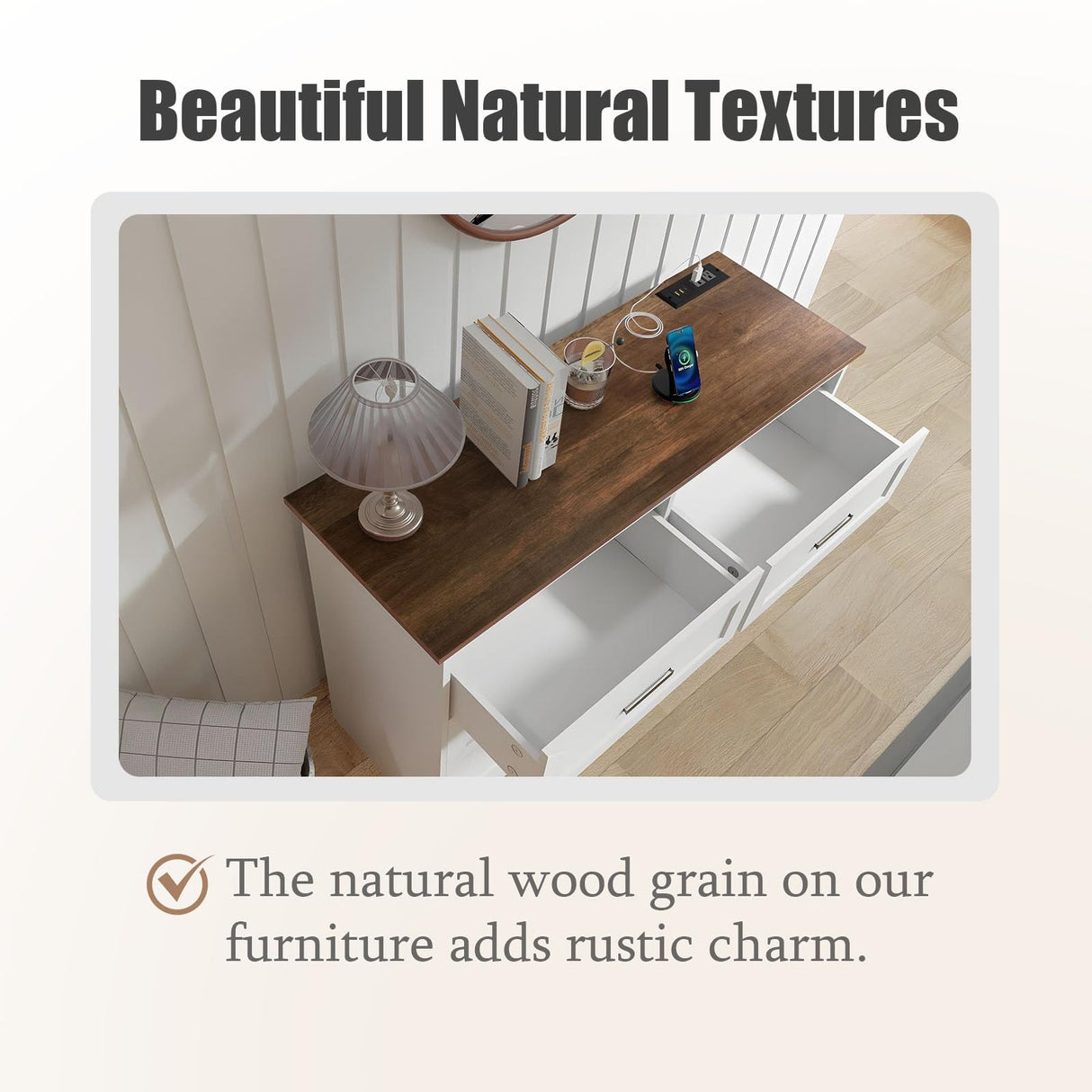 GEPELCN Farmhouse Dresser for Bedroom 6 Drawers Dresser with Power Outlets Rustic Chest of Drawers with Natural Texture White Organizer for Living Room Hallway GEPELCN