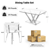 HAIZAO Modern Glass Dining Table Set for 6, 63'' Rectangular Tempered Tabletop with Aesthetic V Shape Gold Metal Base & 6 Beige Gold Woven Dining Chairs, 7 Piece Luxury Dining Table Set HAIZAO