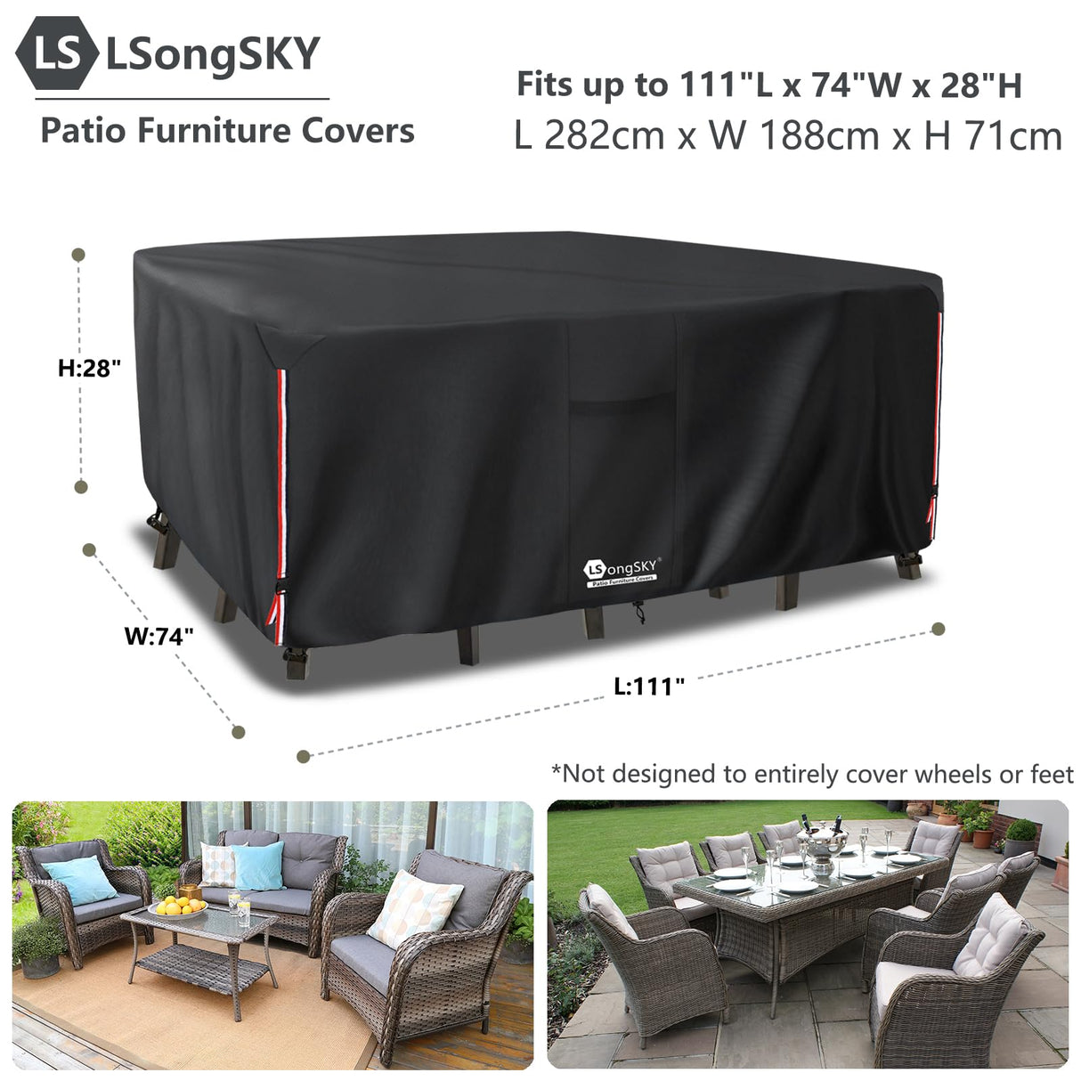 LSongSKY Outdoor Furniture Covers Waterproof,600D Heavy Duty Patio Cover for 6/7/8 PCS Sets Sectional Sofa Couch Dining Rocking Swivel Chairs Ottomans Coffee Table,111L x 74W x 28H inch Black LSongSKY