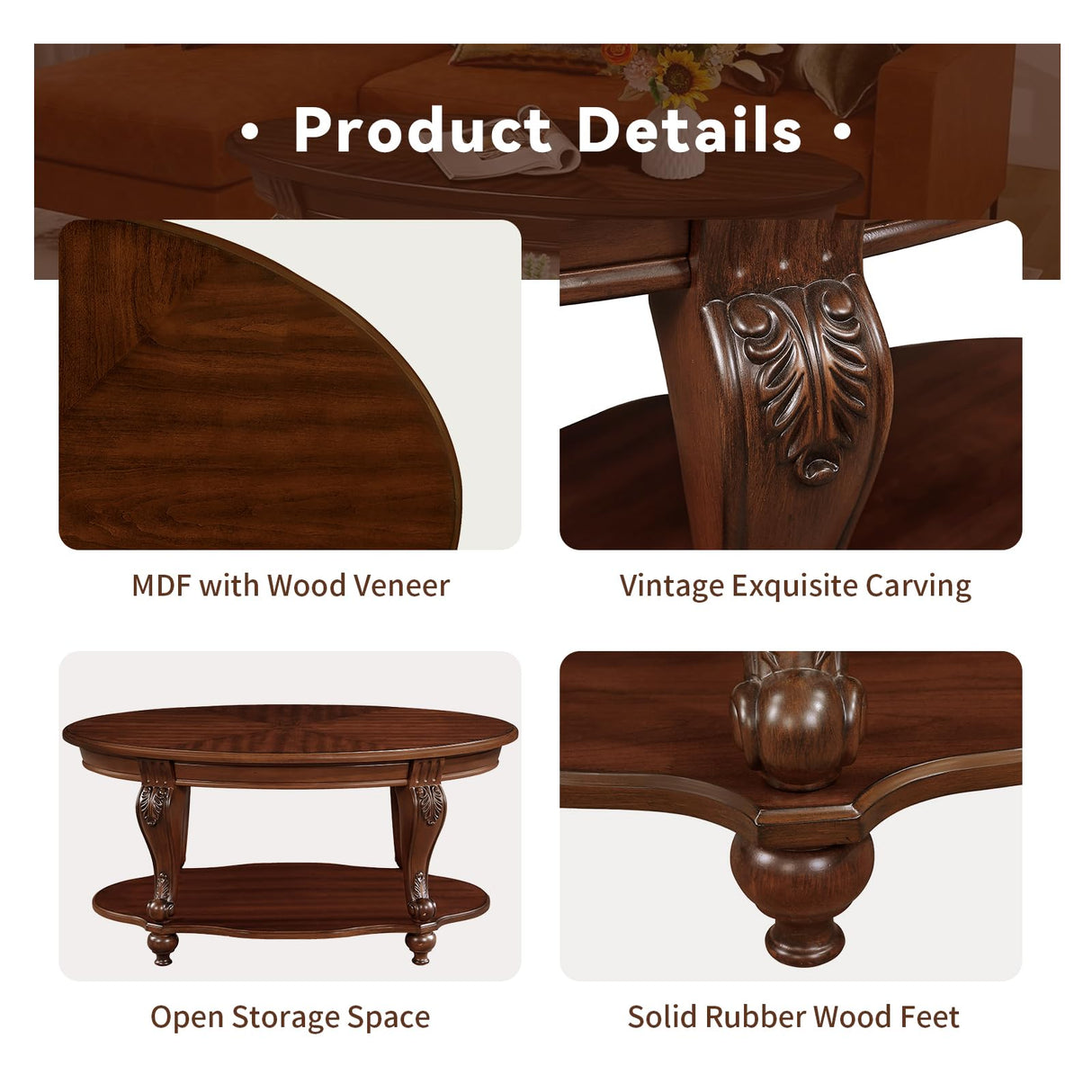 LKTART Oval Wood Coffee Tables for Living Room, Vintage Round Coffee Table with Carved Wood Legs, Tradition Elegant Center Table (Cherry, 42 Inch) LKTART