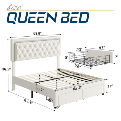 Jocisland Velvet Upholstered Queen Bed Frame with LED Lights and Storage Drawers - WoodArtSupply