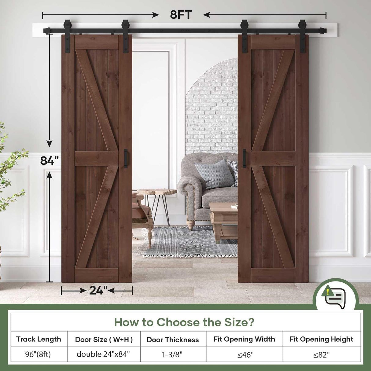 ROYMELO 48x84 inch (Double 24×84 inch Door) Sliding Barn Wood Door Slab with 8ft Hardware Kit and Handle, Coffee, K Shape, Simple DIY Assembly ROYMELO