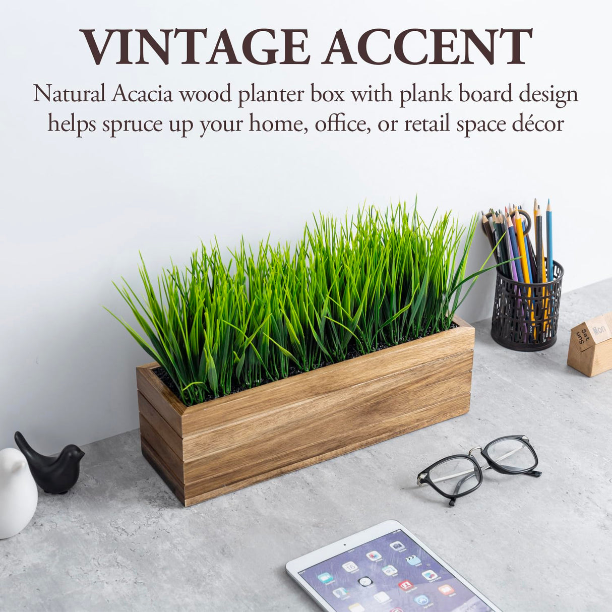 MyGift 14 Inch Artificial Green Grass Plant in Solid Acacia Wood Planter Window Box, Faux Greenery in Decorative Rectangular Crate Style Wooden Container MyGift