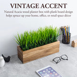 MyGift 14 Inch Artificial Green Grass Plant in Solid Acacia Wood Planter Window Box, Faux Greenery in Decorative Rectangular Crate Style Wooden Container MyGift