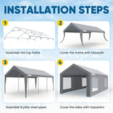 Quictent 12x20 ft Heavy Duty Carport Canopy Galvanized Car Tent Outdoor Garage Boat Shelter with Reinforced Structure with Roll-up Ventilated Windows Sidewall - Gray Quictent