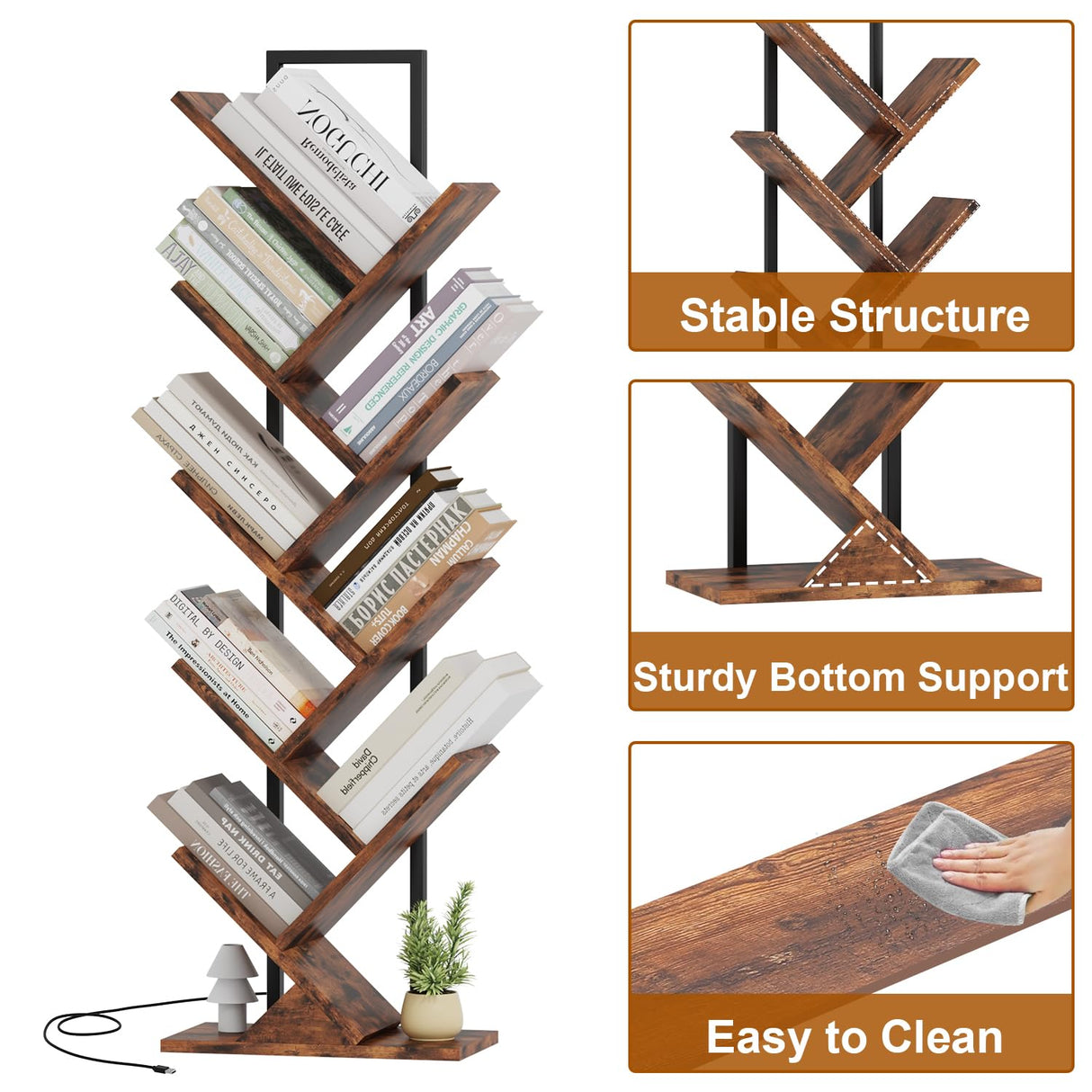 Qupui Tree Bookshelf with LED Lights, 9 Tier Floor Standing Bookcase, Classical Corner Bookshelf Kids Bookshelf, Tall Bookshelf, Wood Book Shelf for Bedroom, Living Room, Home Office, Brown Qupui