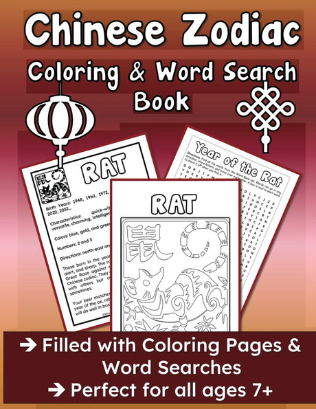 Chinese Zodiac Coloring and Word Search Activity Book: Chinese Lunar New Year Zodiac Coloring Book with Word Searches-children's coloring book-dyslexic font-ages 7+ Majosta