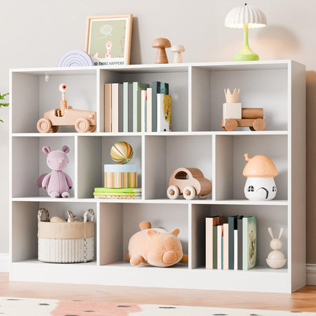 Cozy Castle White Bookshelf, 3-Tier Open Shelf Bookcase, 10 Cube Storage Organizer with Anti-Tilt Device, Freestanding Horizontal Bookshelf Cube Shelf for Bedroom, Living Room Cozy Castle