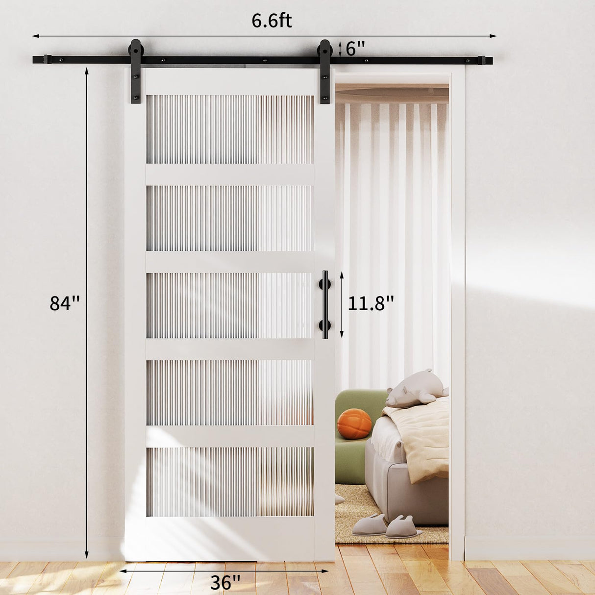 VINGLI 36in x 84in Glass Barn Door with 6.6ft Sliding Barn Door Hardware Kit &Handles, Pre-Drilled Holes Easy Assembly Solid Wood Slab White Sliding Door VINGLI
