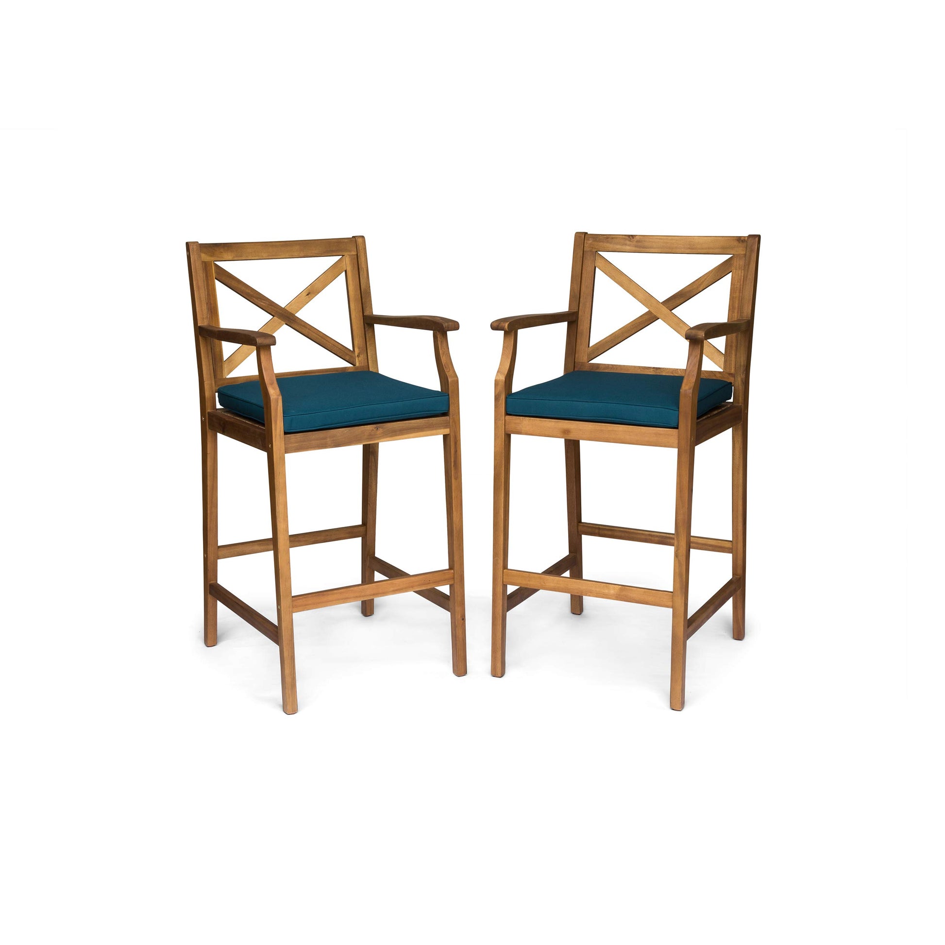 Christopher Knight Home Logan Outdoor Acacia Wood Barstool, Teak Finish/Blue - WoodArtSupply