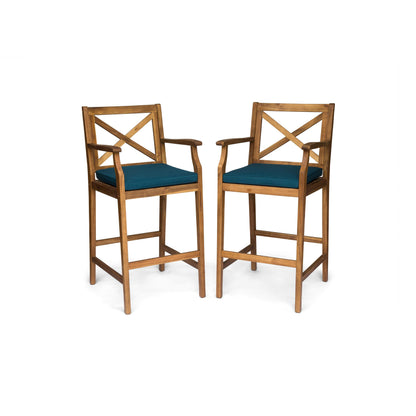 Christopher Knight Home Logan Outdoor Acacia Wood Barstool, Teak Finish/Blue - WoodArtSupply