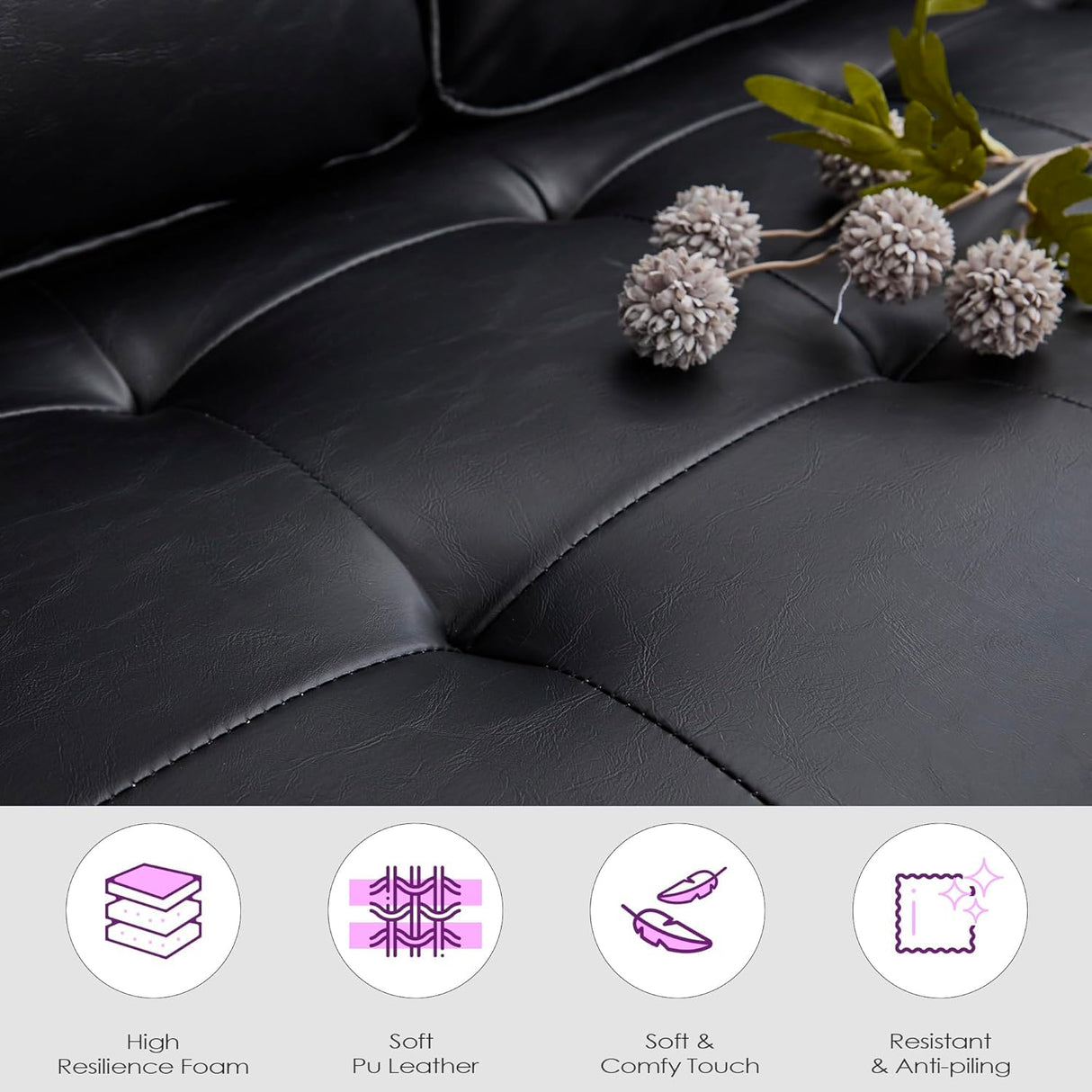 TYBOATLE 57" Small Black Faux Leather Sofa Couches, 3 Piece Living Room Set, Mid-Century Modern Tufted Comfy Loveseat, 2 Seater Office Couch Love Seat for Small Space Bedroom Drom Apartment TYBOATLE