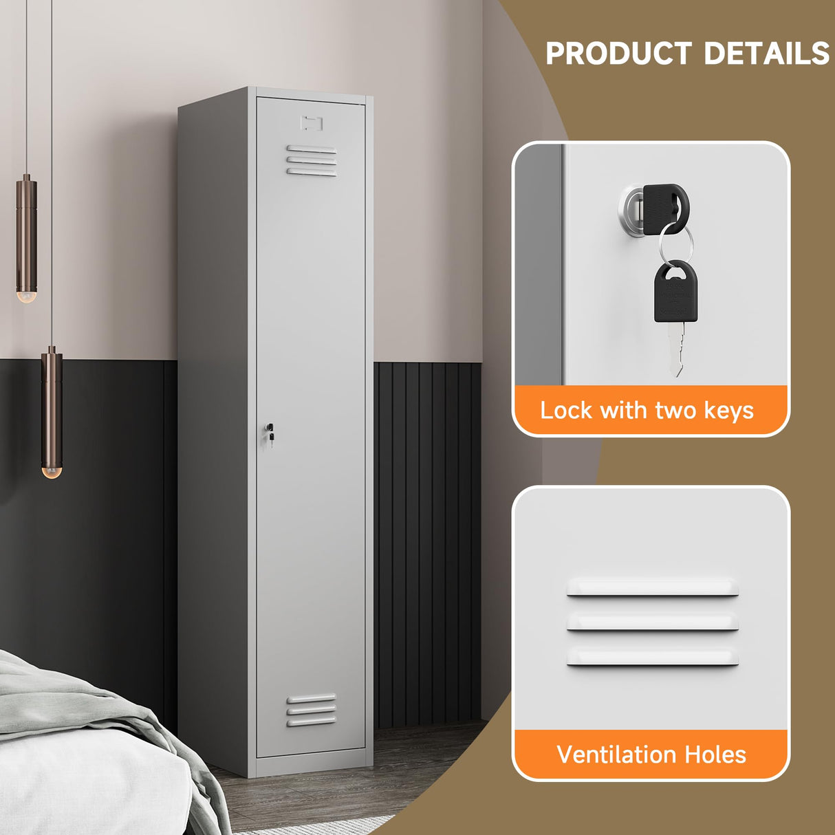 Topass Metal Lockers for Employees with Keys, 71" Tall Steel Storage Cabinet with Lockable Door, Metal Storage Locker for School Office Gym (1-Door, Grey) Topass